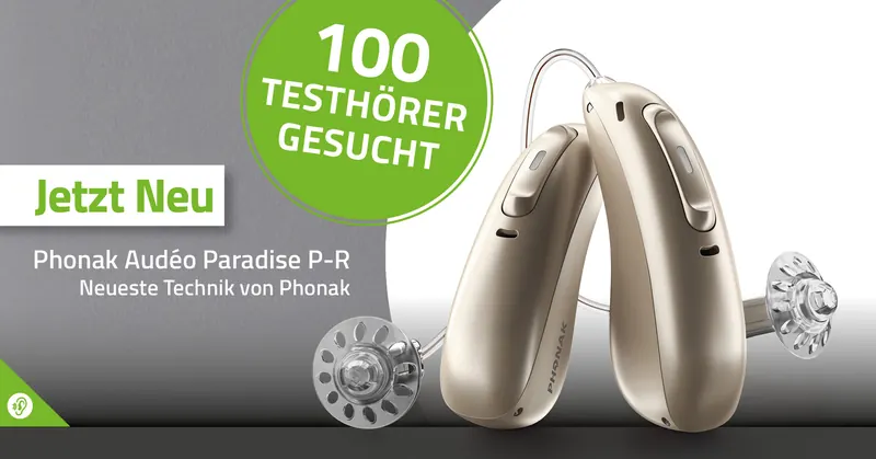Zwei beigefarbene Hörgeräte Phonak Audéo Paradise P-R, dazu der Hinweis: 100 Testhörer gesucht