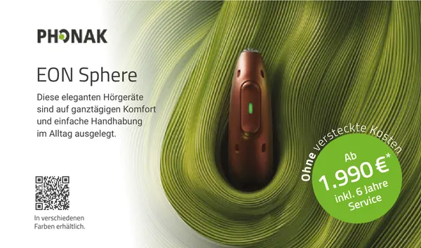 Anzeige Phonak EON Sphere: Hörgerät in einer grünen Klangwelle, ab 1.990 € inklusive 6 Jahre Service