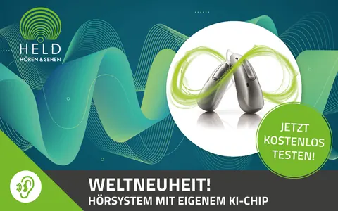 Zwei silberne Hörgeräte: Weltneuheit, Hörsystem mit eigenem KI-Chip, jetzt kostenlos testen