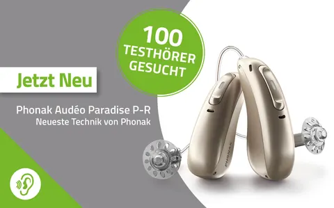 Zwei beigefarbene Hörgeräte Phonak Audéo Paradise P-R, dazu der Hinweis: 100 Testhörer gesucht