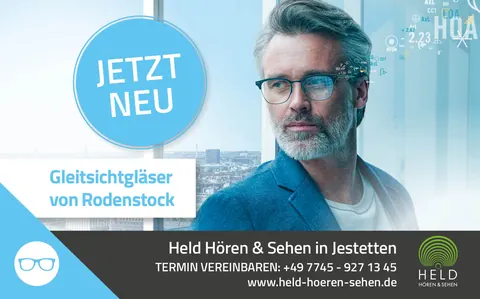 Mann mit Brille blickt zur Seite, daneben: Jetzt neu, Gleitsichtgläser von Rodenstock bei Held Hören & Sehen in Jestetten